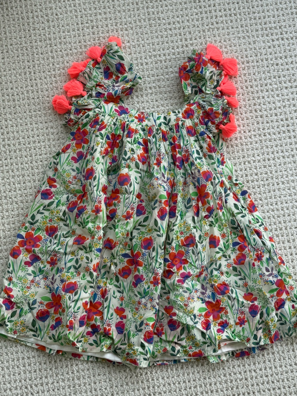 Girls Floral Tassel Sundress - White with Multi-Color Bloom
